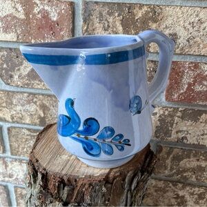 Mexican Pottery Pitcher Bottom Mark Bluebird Butterfly 6” Tall 7 1/2” Wide